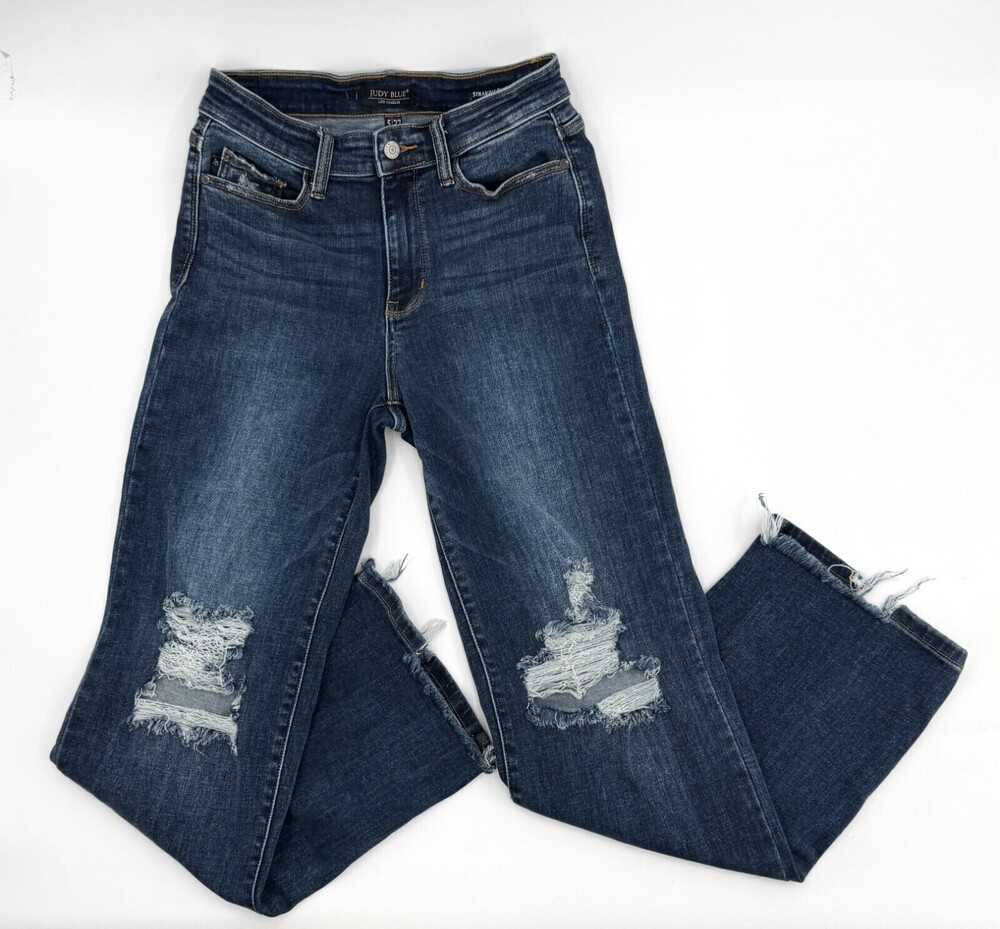 Judy Blue Jeans Womens 5 Blue Distressed Knees & Hem Straight Fit Mid Rise